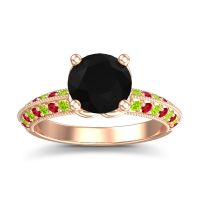 Black Onyx Ring In 18K Rose Gold With Ruby And Peridot Malati Round Antique Ring