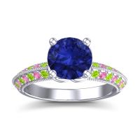 Lab Blue Sapphire Ring In Palladium With Pink Tourmaline And Peridot Malati Round Antique Ring
