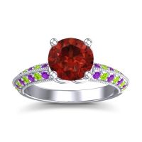 Garnet Ring In 14k White Gold With Peridot And Amethyst Malati Round Antique Ring