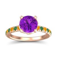 Amethyst Ring In 14K Rose Gold With Citrine And Emerald Mallika Round Classic Ring