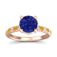 Lab Blue Sapphire Ring In 18K Rose Gold With Lab Diamond And Citrine Mallika Round Classic Ring