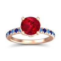Lab Ruby Ring In 18K Rose Gold With Swiss Blue Topaz And Blue Sapphire Mallika Round Classic Ring