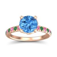 Swiss Blue Topaz Ring In 18K Rose Gold With Pink Tourmaline And Emerald Mallika Round Classic Ring