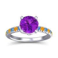 Amethyst Ring In 18k White Gold With Swiss Blue Topaz And Citrine Mallika Round Classic Ring