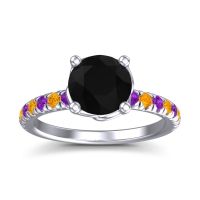 Black Onyx Ring In Platinum With Amethyst And Citrine Mallika Round Classic Ring