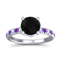 Black Onyx Ring In Platinum With Aquamarine And Amethyst Mallika Round Classic Ring