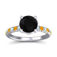 Black Onyx Ring In Palladium With Aquamarine And Citrine Mallika Round Classic Ring