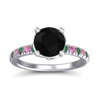 Black Onyx Ring In Platinum With Emerald And Pink Tourmaline Mallika Round Classic Ring