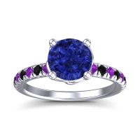 Lab Blue Sapphire Ring In Platinum With Amethyst And Black Onyx Mallika Round Classic Ring
