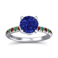 Lab Blue Sapphire Ring In Palladium With Garnet And Emerald Mallika Round Classic Ring