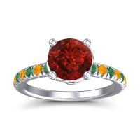 Garnet Ring In Palladium With Emerald And Citrine Mallika Round Classic Ring