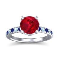 Lab Ruby Ring In Palladium With Blue Sapphire And Aquamarine Mallika Round Classic Ring