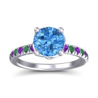Swiss Blue Topaz Ring In 18k White Gold With Amethyst And Emerald Mallika Round Classic Ring