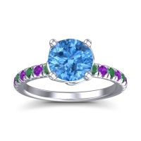 Swiss Blue Topaz Ring In 18k White Gold With Emerald And Amethyst Mallika Round Classic Ring