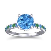 Swiss Blue Topaz Ring In Palladium With Emerald Mallika Round Classic Ring
