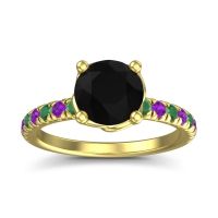 Black Onyx Ring In 18k Yellow Gold With Emerald And Amethyst Mallika Round Classic Ring