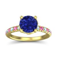 Lab Blue Sapphire Ring In 14k Yellow Gold With Aquamarine And Pink Tourmaline Mallika Round Classic Ring