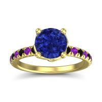 Lab Blue Sapphire Ring In 14k Yellow Gold With Black Onyx And Amethyst Mallika Round Classic Ring