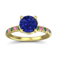 Lab Blue Sapphire Ring In 18k Yellow Gold With Emerald And Pink Tourmaline Mallika Round Classic Ring