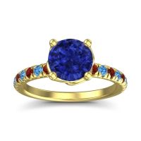 Lab Blue Sapphire Ring In 14k Yellow Gold With Garnet And Swiss Blue Topaz Mallika Round Classic Ring