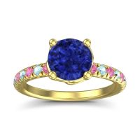 Lab Blue Sapphire Ring In 18k Yellow Gold With Pink Tourmaline And Aquamarine Mallika Round Classic Ring