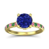 Lab Blue Sapphire Ring In 18k Yellow Gold With Pink Tourmaline And Emerald Mallika Round Classic Ring