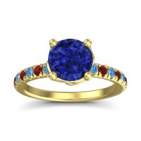 Lab Blue Sapphire Ring In 18k Yellow Gold With Swiss Blue Topaz And Garnet Mallika Round Classic Ring