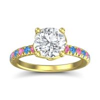 Lab Diamond Ring In 14k Yellow Gold With Pink Tourmaline And Swiss Blue Topaz Mallika Round Classic Ring
