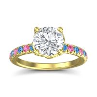 Lab Diamond Ring In 18k Yellow Gold With Swiss Blue Topaz And Pink Tourmaline Mallika Round Classic Ring