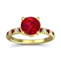 Lab Ruby Ring In 18k Yellow Gold With Garnet And Lab Diamond Mallika Round Classic Ring