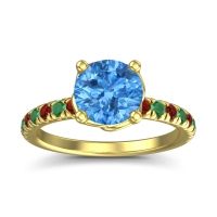 Swiss Blue Topaz Ring In 18k Yellow Gold With Garnet And Emerald Mallika Round Classic Ring