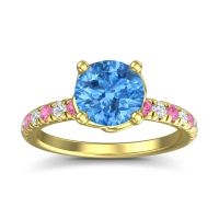 Swiss Blue Topaz Ring In 18k Yellow Gold With Pink Tourmaline And Lab Diamond Mallika Round Classic Ring