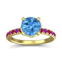 Swiss Blue Topaz Ring In 18k Yellow Gold With Ruby And Amethyst Mallika Round Classic Ring