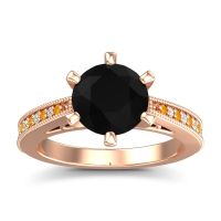 Black Onyx Ring In 14K Rose Gold With Citrine And Lab Diamond Anahata Round Antique Ring