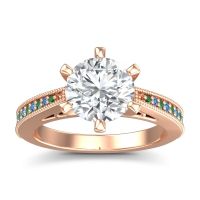 Diamond Ring In 14K Rose Gold With Emerald And Swiss Blue Topaz Anahata Round Antique Ring