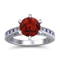 Garnet Ring In 14k White Gold With Lab Diamond And Blue Sapphire Anahata Round Antique Ring
