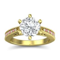 Diamond Ring In 18k Yellow Gold With Lab Diamond And Pink Tourmaline Anahata Round Antique Ring