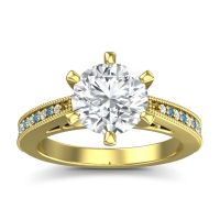 Diamond Ring In 14k Yellow Gold With Lab Diamond And Swiss Blue Topaz Anahata Round Antique Ring