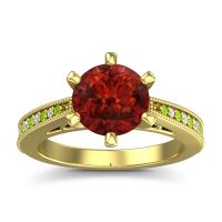 Garnet Engagement Ring In 14k Yellow Gold With Peridot And Diamond - Anahata Round Antique Ring
