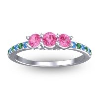 Pink Tourmaline Fashion Ring In 14k White Gold With Swiss Blue Topaz And Emerald – Trizikha Dainty Ring