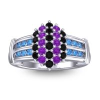 Black Onyx Fashion Ring In 14k White Gold With Amethyst And Swiss Blue Topaz – Chattra Statement Ring
