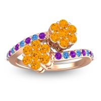 Citrine Fashion Ring In 18K Rose Gold With Amethyst And Swiss Blue Topaz – Kusomoda Statement Ring