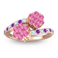 Pink Tourmaline Fashion Ring In 18K Rose Gold With Aquamarine And Amethyst – Kusomoda Statement Ring