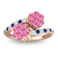 Pink Tourmaline Fashion Ring In 14K Rose Gold With Aquamarine And Blue Sapphire – Kusomoda Statement Ring