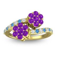 Amethyst Fashion Ring In 18k Yellow Gold With Lab Diamond And Swiss Blue Topaz – Kusomoda Statement Ring