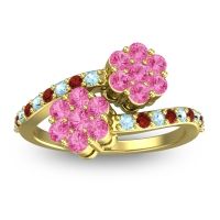 Pink Tourmaline Fashion Ring In 14k Yellow Gold With Aquamarine And Garnet – Kusomoda Statement Ring