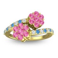 Pink Tourmaline Fashion Ring In 14k Yellow Gold With Lab Diamond And Swiss Blue Topaz – Kusomoda Statement Ring