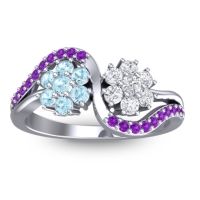 Aquamarine Fashion Ring In 14k White Gold With Lab Diamond And Amethyst – Bisaja Statement Ring