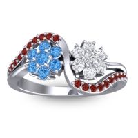 Swiss Blue Topaz Fashion Ring In 14k White Gold With Lab Diamond And Garnet – Bisaja Statement Ring