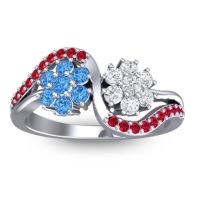 Swiss Blue Topaz Fashion Ring In 14k White Gold With Lab Diamond And Ruby – Bisaja Statement Ring